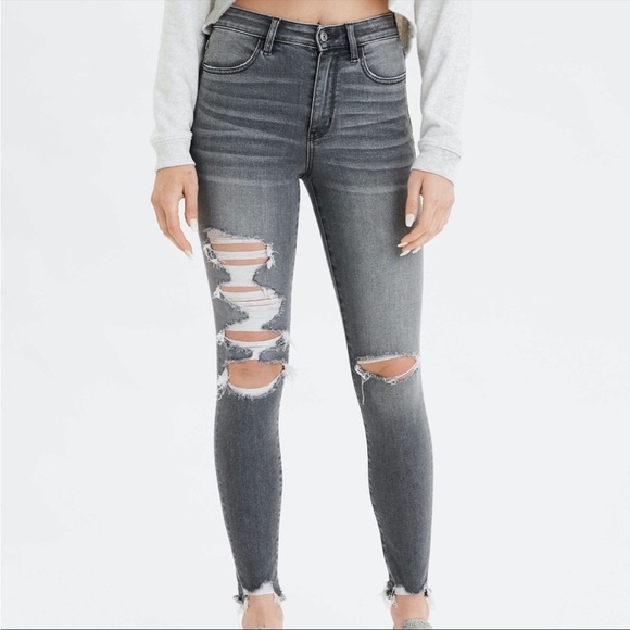 American Eagle Outfitters Denim - American Eagle Super High Rise Jegging Gray Skinny Stretch Distressed Jeans 2